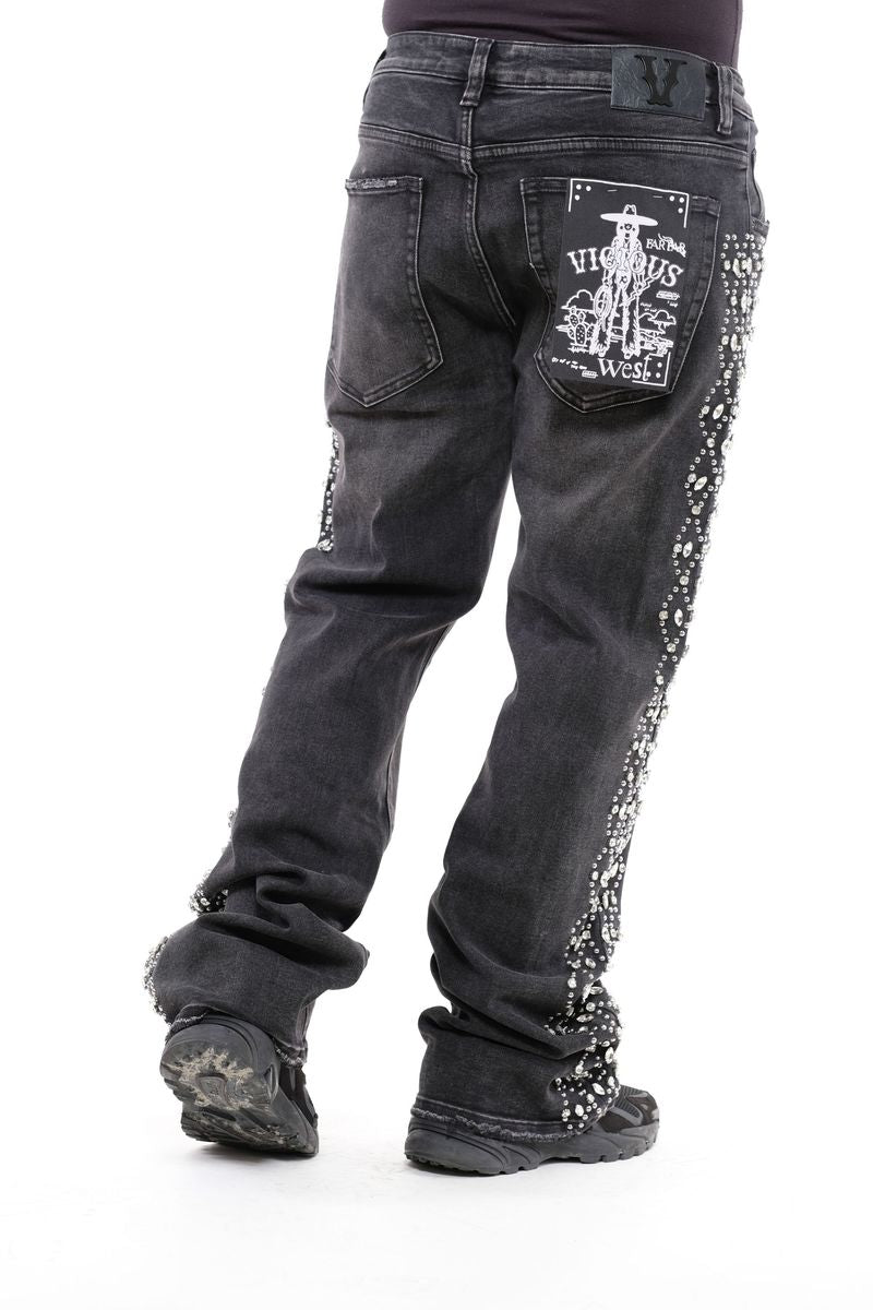 VICIOUS DENIM Black Embellished Side Rhinestone Western Denim