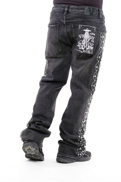 VICIOUS DENIM Black Embellished Side Rhinestone Western Denim