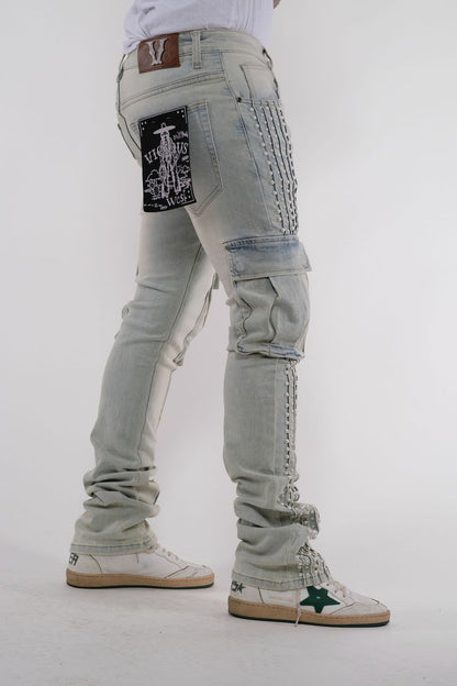 VICIOUS DENIM Natural Embellished Side Pearl Flared Denim