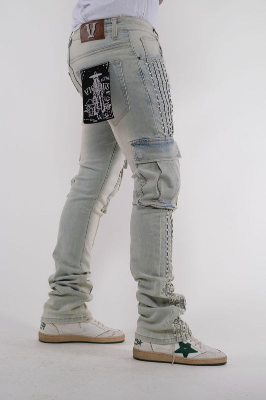 VICIOUS DENIM Natural Embellished Side Pearl Flared Denim