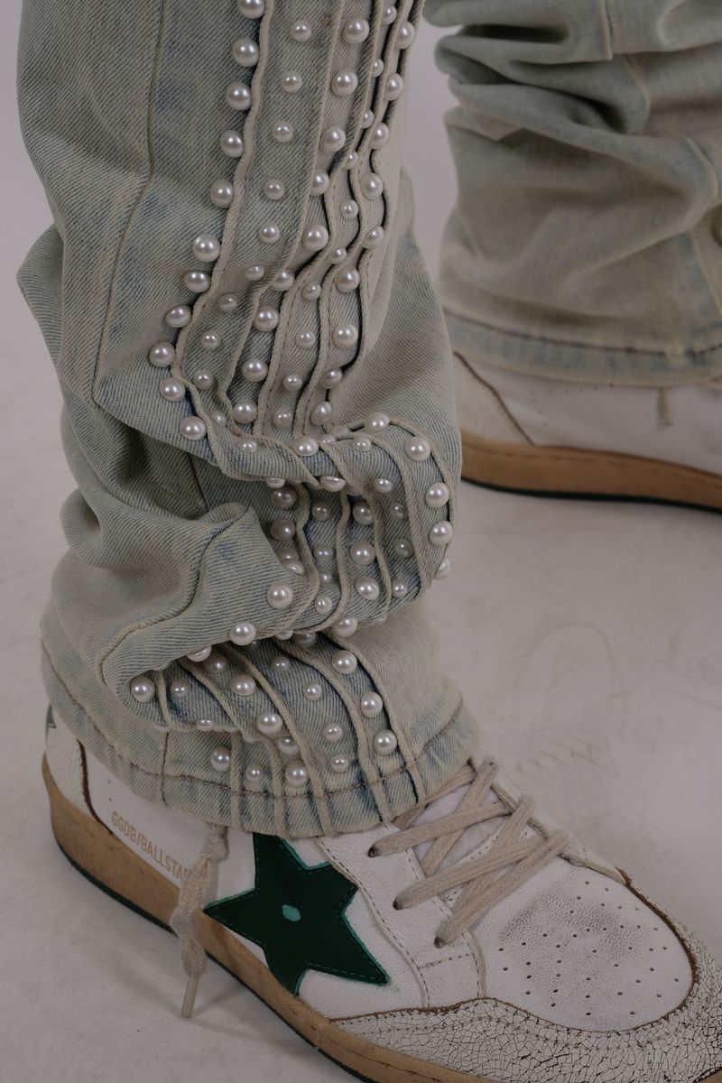 VICIOUS DENIM Natural Embellished Side Pearl Flared Denim