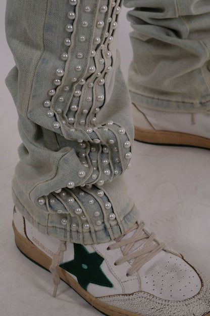 VICIOUS DENIM Natural Embellished Side Pearl Flared Denim