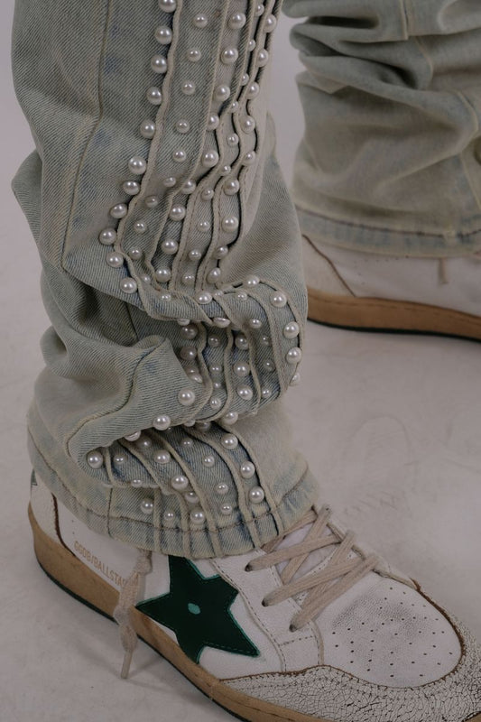 VICIOUS DENIM Natural Embellished Side Pearl Flared Denim