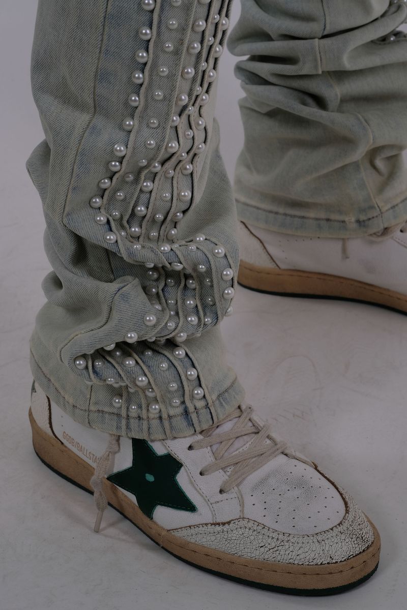 VICIOUS DENIM Natural Embellished Side Pearl Flared Denim