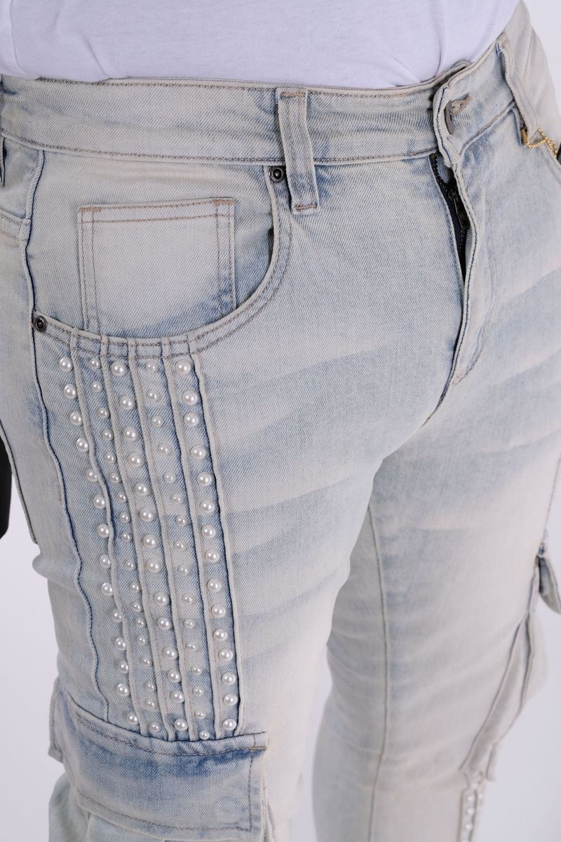 VICIOUS DENIM Natural Embellished Side Pearl Flared Denim