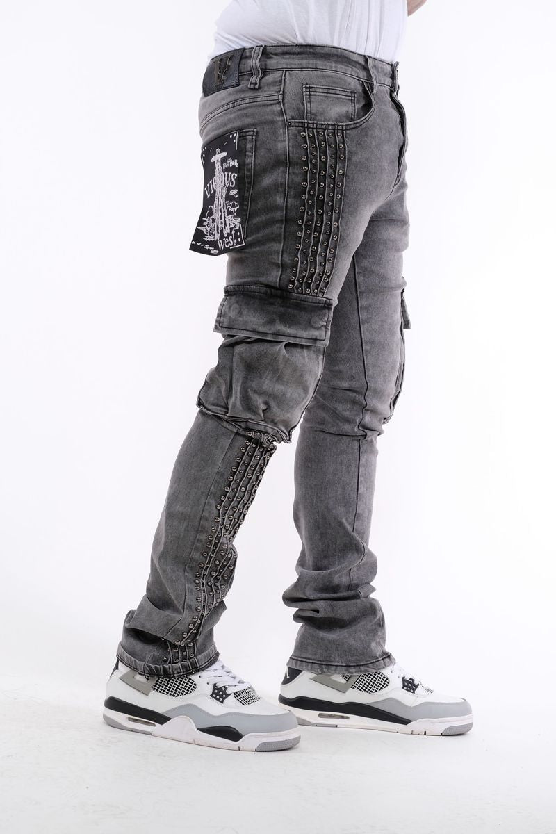 VICIOUS DENIM Grey Embellished Side Pearl Flared Denim