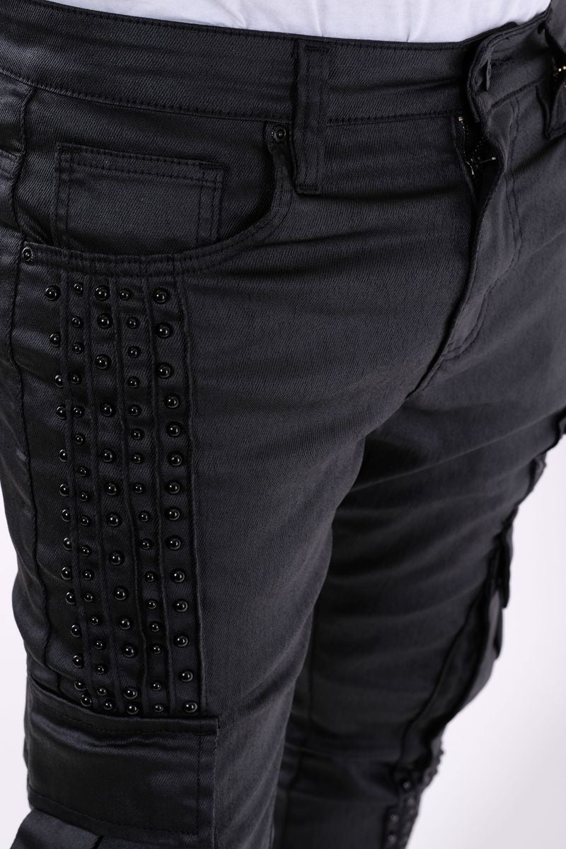 VICIOUS DENIM Coated Black Embellished Side Pearl Flared Denim