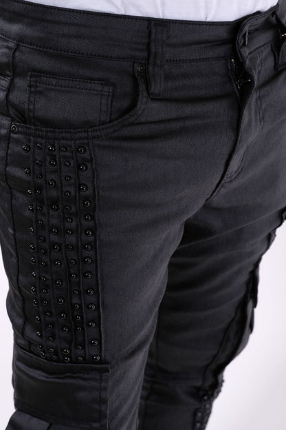 VICIOUS DENIM Coated Black Embellished Side Pearl Flared Denim