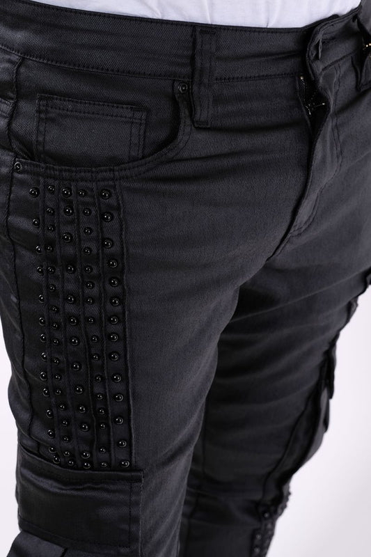 VICIOUS DENIM Coated Black Embellished Side Pearl Flared Denim