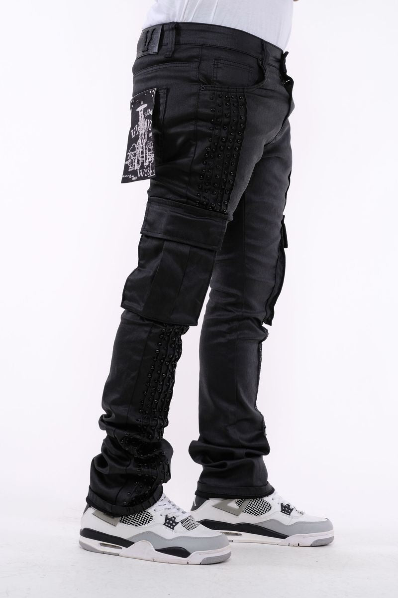 VICIOUS DENIM Coated Black Embellished Side Pearl Flared Denim