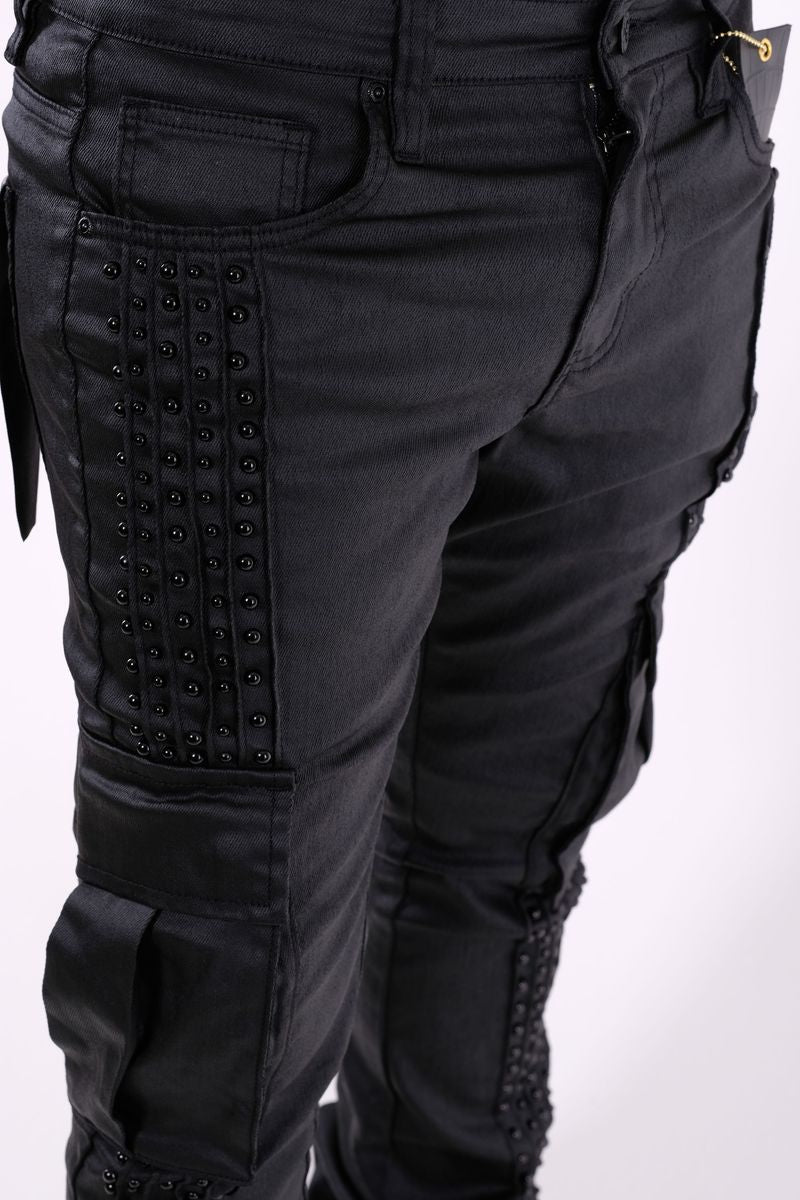 VICIOUS DENIM Coated Black Embellished Side Pearl Flared Denim