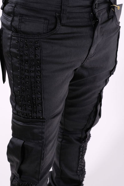 VICIOUS DENIM Coated Black Embellished Side Pearl Flared Denim