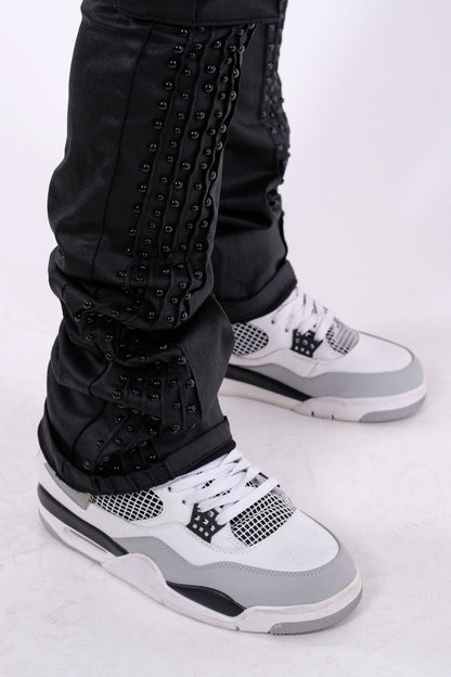 VICIOUS DENIM Coated Black Embellished Side Pearl Flared Denim