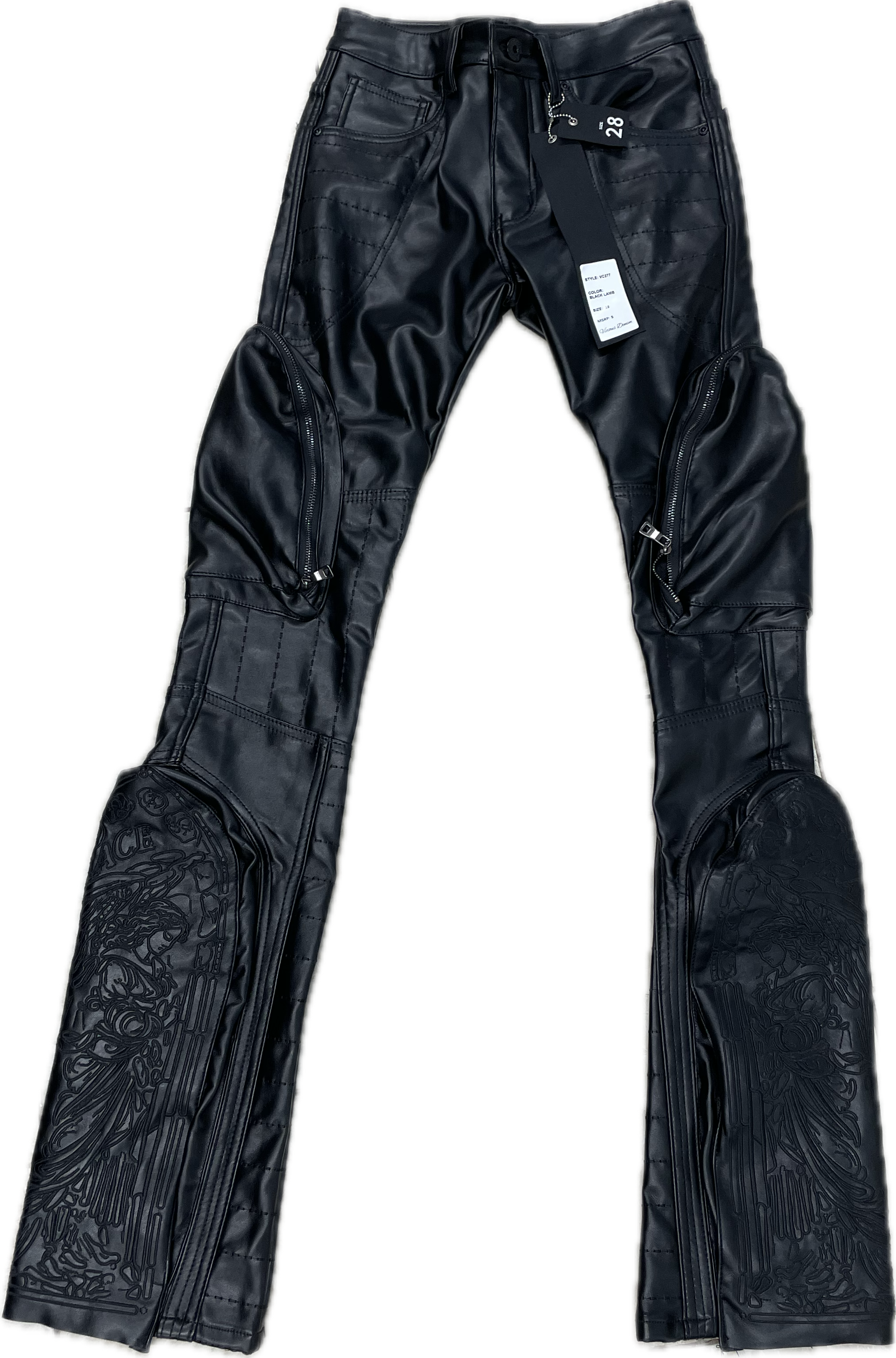 VICIOUS DENIM STACK VEGAN LEATHER RIDER PANTS-VC277 BLK